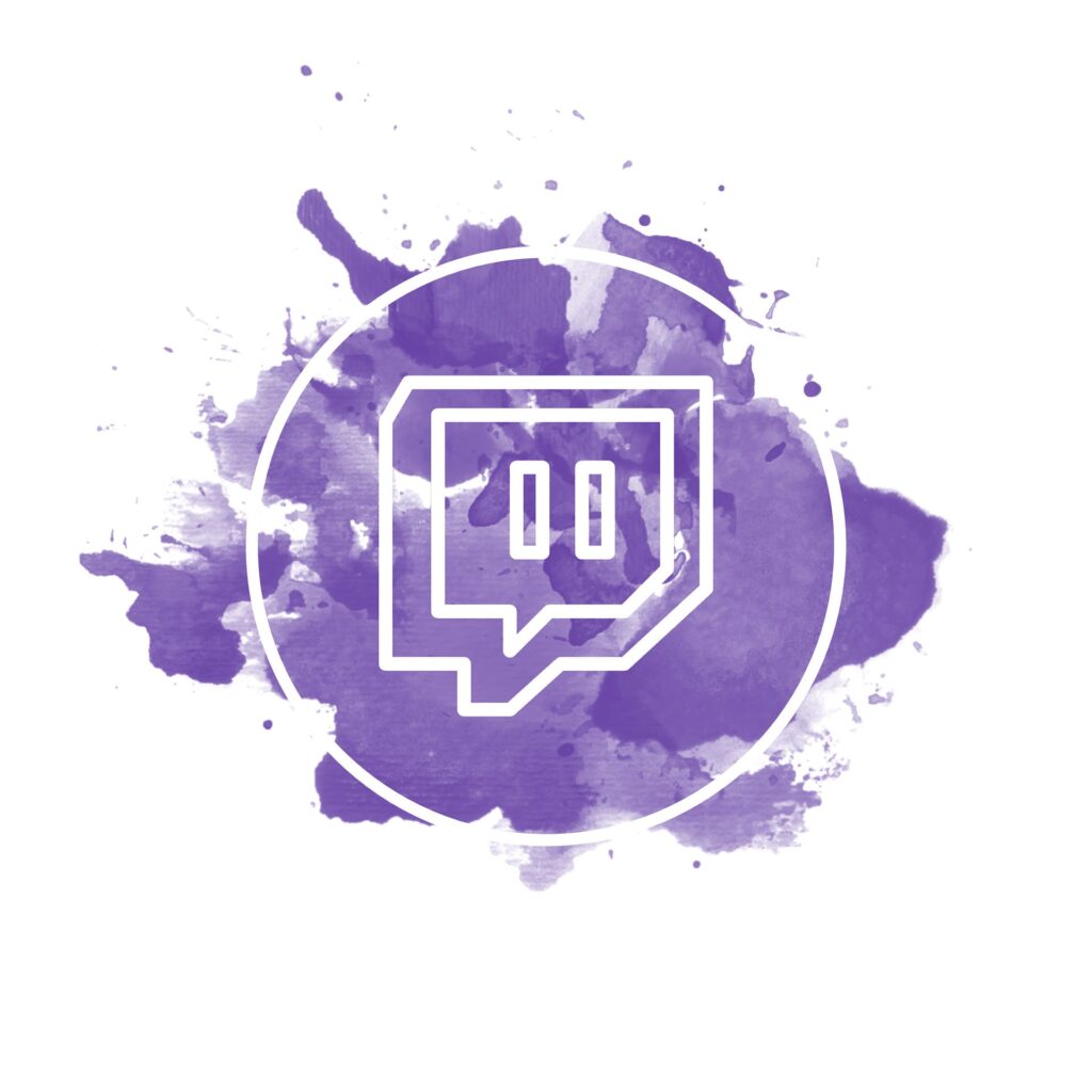 Twitch-Logo in einem lila Kreis auf gesprenkeltem Hintergrund
