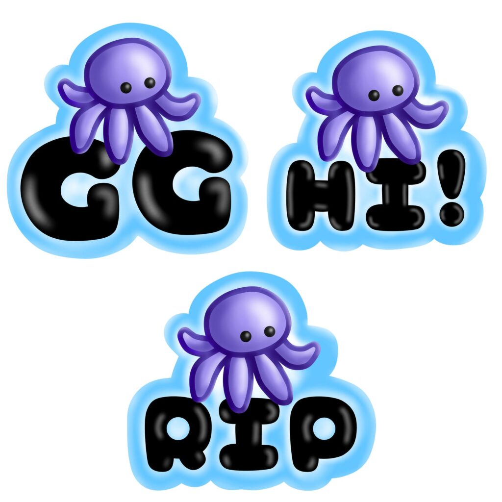 Verschiedene lustige Emotes mit einem lila Oktopus